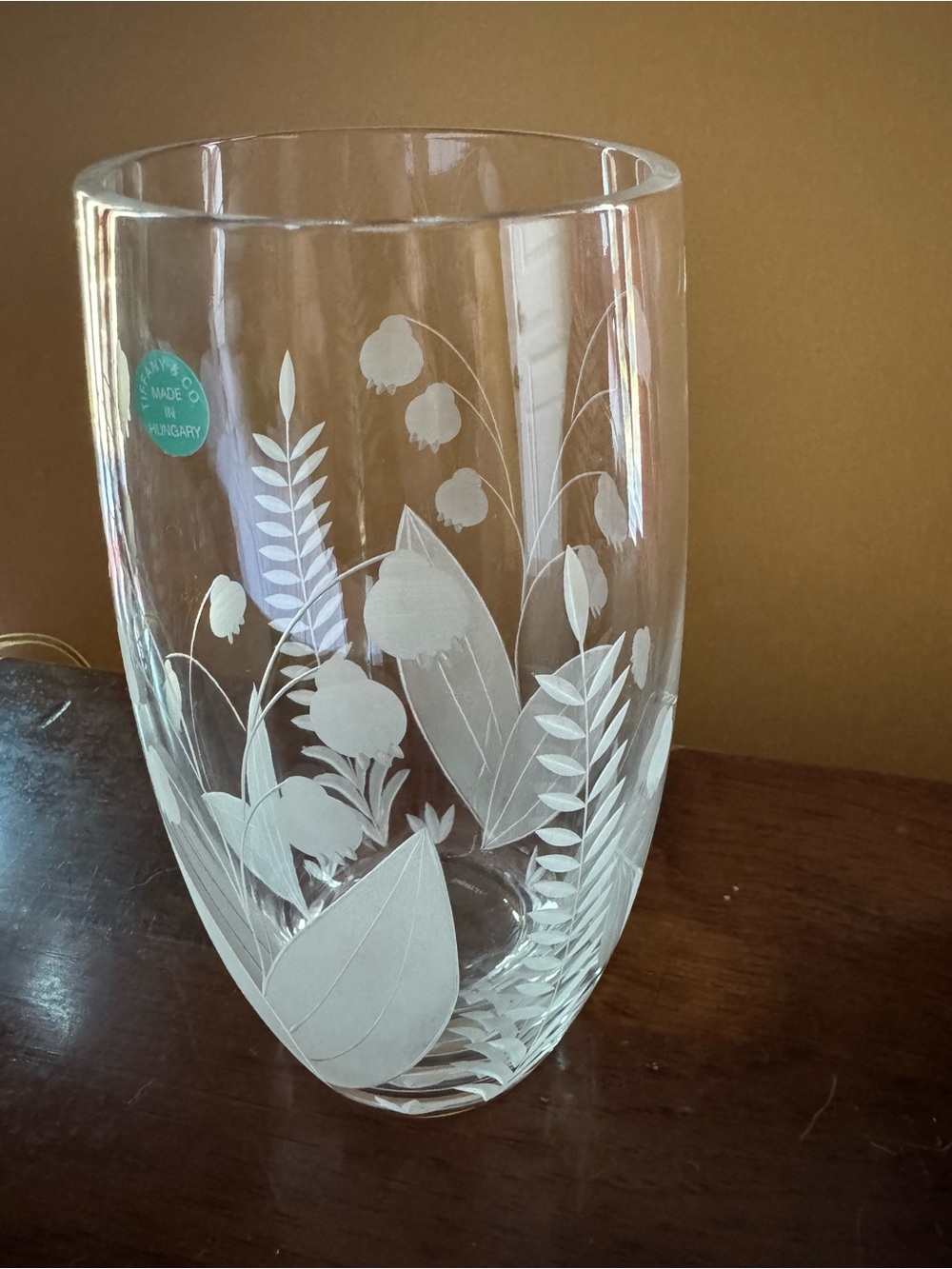 Tiffany & Co. Clear Glass Vase with White Etched Botanical Motif - Picture 3 of 7